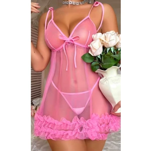 Ince Askılı Transparan Tül Gecelik Tanga Takım