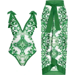 Yaz Yeni Fransız Retro Baskı Tek Parça Mayo Sıcak Bahar Tatili Plaj Elbisesi Bikini Seti (Yurt Dışından)
