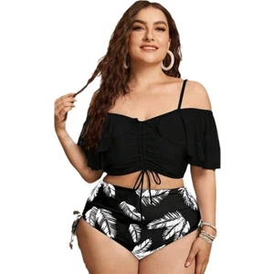 Yaz Siyah Yeni Bölünmüş Büyük Boy Bağcıklı Fırfırlı Bikini Tek Omuz Askılı Yüksek Bel Mayo Kadın (Yurt Dışından)