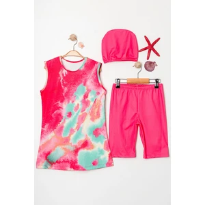 Desenli Kolsuz Boneli Kız Çocuk Üçlü Set Mayo