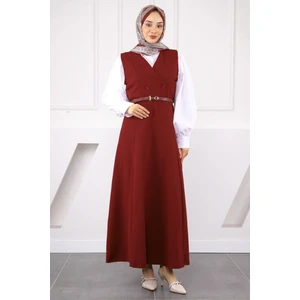 Bordo Önü Düğmeli Kemerli Jile Elbise