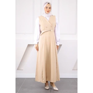 Bej Önü Düğmeli Kemerli Jile Elbise