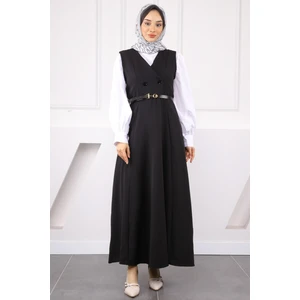Siyah Önü Düğmeli Kemerli Jile Elbise