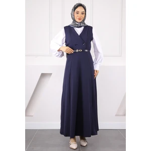 Lacivert Önü Düğmeli Kemerli Jile Elbise
