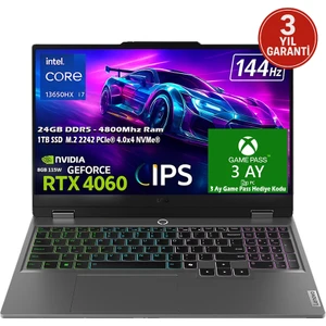 Loq 15IRX9 Intel Core I7 13650HX 24GB 1tb SSD Rtx 4060 (115W) 15.6" 144Hz Fhd IPS Panel Freedos Taşınabilir Bilgisayar 83DV011GTRN1