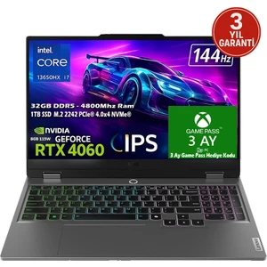 Loq 15IRX9 Intel Core I7 13650HX 32GB 1tb SSD Rtx 4060 (115W) 15.6" Srgb 144Hz Fhd IPS Panel Freedos Taşınabilir Bilgisayar 83DV011GTRT1