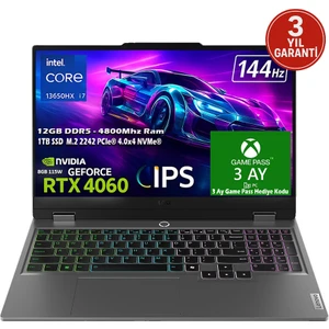 LOQ 15IRX9 Intel Core İ7 13650HX 12GB 1TB SSD RTX 4060 (115W) 15.6"  sRGB 144Hz FHD IPS Panel Freedos Taşınabilir Bilgisayar 83DV011GTR