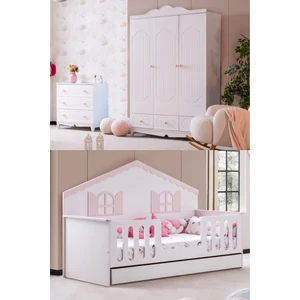 Poli Çocuk Odası Takımı, Poli Yavrulu Karyola, Flower 3 Kapaklı Dolap, Şifonyer - Pembe