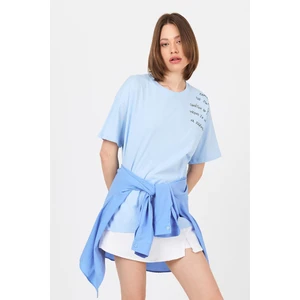 Mavi Göğüs Yazı Baskılı Pamuklu Oversize Tişört 2150-31M
