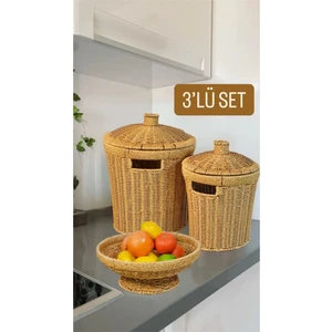 3'lü Hasır Set Kapaklı 2 Boy Patates Soğan Sepet ve 26 cm Meyvelik Sunum Rattan Sebzelik Dekor Sepet