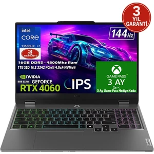 Loq 15IRX9 Intel Core I7 13650HX 16GB 1tb SSD Rtx 4060 (115W) 15.6" Srgb 144Hz Fhd IPS Panel Freedos Taşınabilir Bilgisayar 83DV011GTRH3
