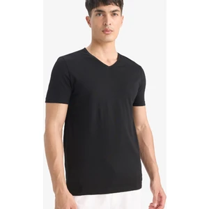 %100 Pamuk Slim Fit Dar Kesim V Yaka Basic Düz Kısa Kollu Siyah Tişört M7668AZ25SP