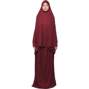 Pratik Iki Parça Pamuklu Yarasa Kollu Başörtülü Organik Tesettür Namaz Elbisesi-Koyu Bordo