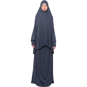 Pratik Iki Parça Pamuklu Yarasa Kollu Başörtülü Organik Tesettür Namaz Elbisesi-Füme