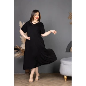 Bambu V Yaka Dantel Detaylı Eteği Kloş Elbise Büyük Beden 6xl