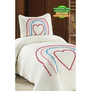 Evlen Home Collection Hale Renkli Ponponlu %100 Pamuk Tek Kişilik Yatak Örtüsü Kalpli ( Pike ) Takımı