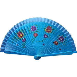 Yelpaze Bambu Çift Taraflı Çiçekli El Boyama Mavi