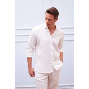 %100 Keten Regular Fit Polo Yaka Yazlık Basic Düz Uzun Kollu Beyaz Gömlek C1825AX25SM