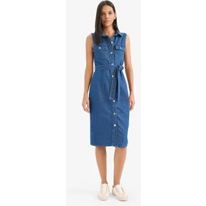 Gömlek Yaka Kuşaklı Yumuşak Jean Midi Elbise E1286AX25SM