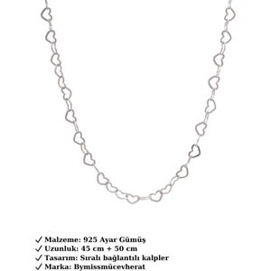 925 Ayar Gümüş Sade Sıralı Bağlantılı Kalpler Zincir Kolye