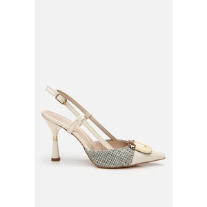 Kadın Krem Hasır Detaylı Arkası Açık Topuklu Ayakkabı