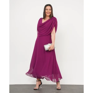 Kadın Büyük Beden Drape Yaka Omuz Drape Detaylı Şifon Uzun Abiye Elbise 24775