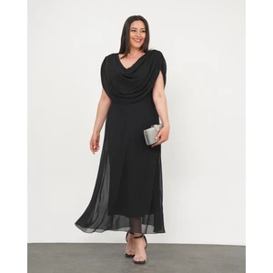 Kadın Büyük Beden Drape Yaka Omuz Drape Detaylı Şifon Uzun Abiye Elbise 24775
