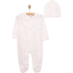 Hellobaby Yenidoğan Kız Bebek Tulum-Bere 2li Takım Interlok Kalp Desenli Patikli Paça Ekru