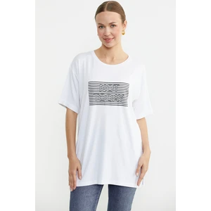 Baskılı Sıfır Yaka Uzun Tişört - Beyaz