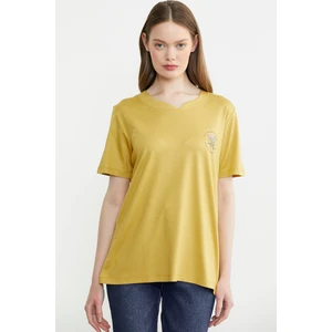 Bisiklet Yaka Baskılı Dökümlü Tişört - Hardal