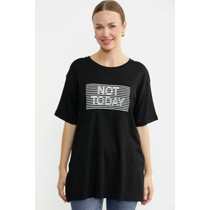 Baskılı Sıfır Yaka Uzun Tişört - Siyah