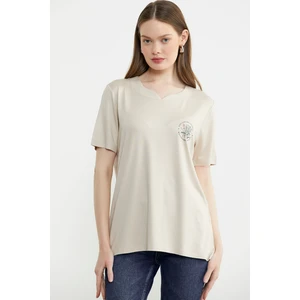 Bisiklet Yaka Baskılı Dökümlü Tişört - Taş