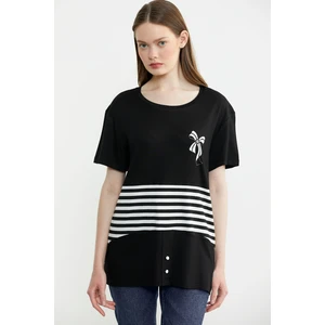 Baskılı Çizgi Detaylı Tişört - Siyah