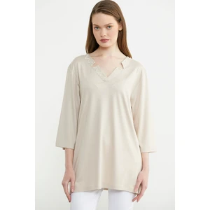 Büyük Beden Truvakar Kol Yaka Detaylı Tişört - Taş