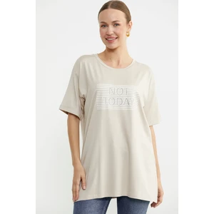 Baskılı Sıfır Yaka Uzun Tişört - Taş