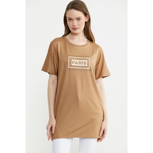 Büyük Beden Baskılı Uzun Tunik Tişört - Kamel