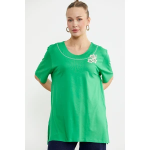 Nakışlı Büyük Beden Penye Tişört - Yeşil