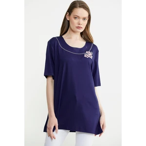 Nakışlı Büyük Beden Penye Tişört - Lacivert