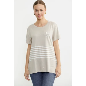 Baskılı Çizgi Detaylı Tişört - Kahve