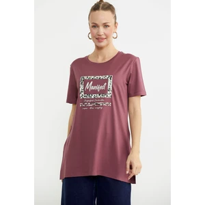 Baskılı Bisiklet Yaka Tunik Tişört - Gül