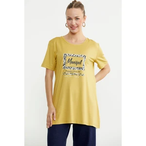 Baskılı Bisiklet Yaka Tunik Tişört - Hardal