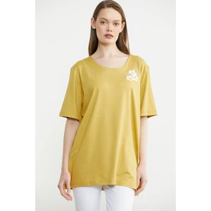 Nakışlı Büyük Beden Penye Tişört - Hardal