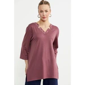 Büyük Beden Truvakar Kol Yaka Detaylı Tişört - Gül