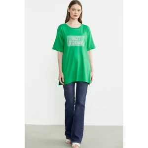 Baskılı Sıfır Yaka Uzun Tişört - Yeşil