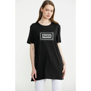 Büyük Beden Baskılı Uzun Tunik Tişört - Siyah