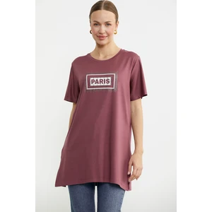 Büyük Beden Baskılı Uzun Tunik Tişört - Gül