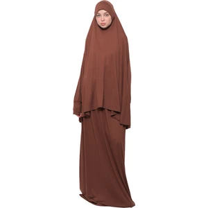 Pratik Iki Parça Pamuklu Yarasa Kollu Başörtülü Organik Tesettür Namaz Elbisesi-Çikolata