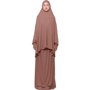 Pratik Iki Parça Pamuklu Yarasa Kollu Başörtülü Organik Tesettür Namaz Elbisesi-Toprak
