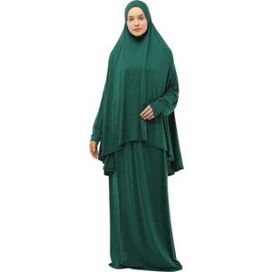 Pratik Iki Parça Pamuklu Yarasa Kollu Başörtülü Organik Tesettür Namaz Elbisesi-Yeşil