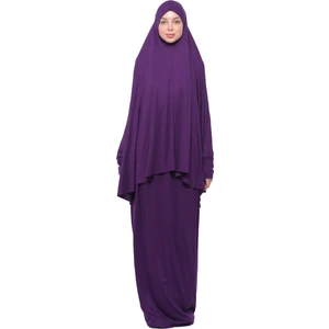 Pratik Iki Parça Pamuklu Yarasa Kollu Başörtülü Organik Tesettür Namaz Elbisesi-Mürdüm